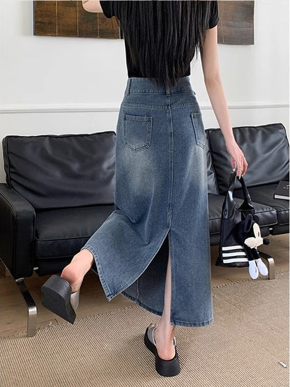 Medium-Length High Waist Retro Denim Skirt