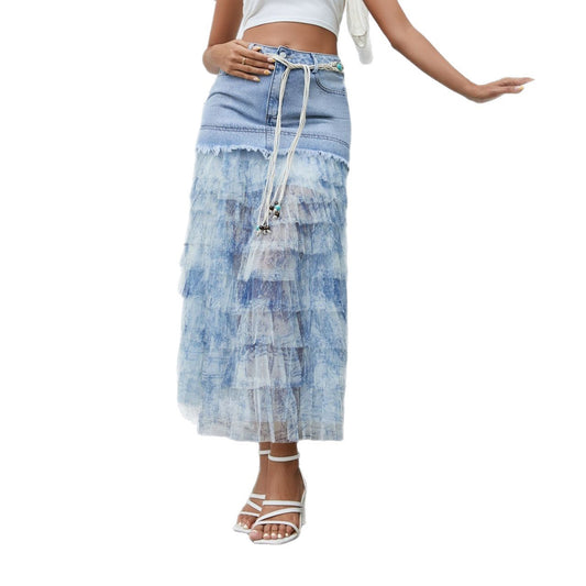 Modern Mesh Panel Floral Denim Skirt