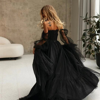 Women's Long Sleeve Transparent Lace Black Wedding Dress - Sculptify™