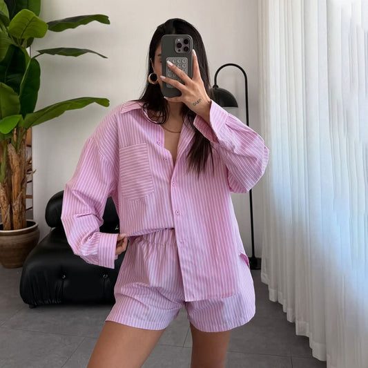 Striped Cardigan And Long-Sleeve Womens Shirt Set - Sculptify™