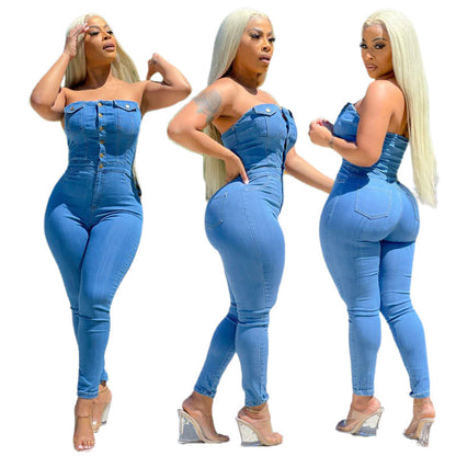 Tube Top Off-shoulder Slim Fit Denim Jumpsuit - Sculptify™