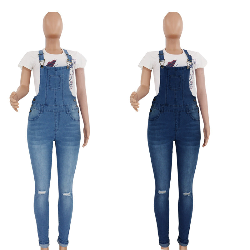 Womens Ripped Washed Denim Overalls - Sculptify™