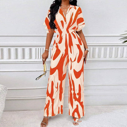 V-neck Loose Printed Long Jumpsuit - Sculptify™
