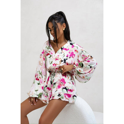 Printed V-neck Long Sleeve Jumpsuit - Sculptify™