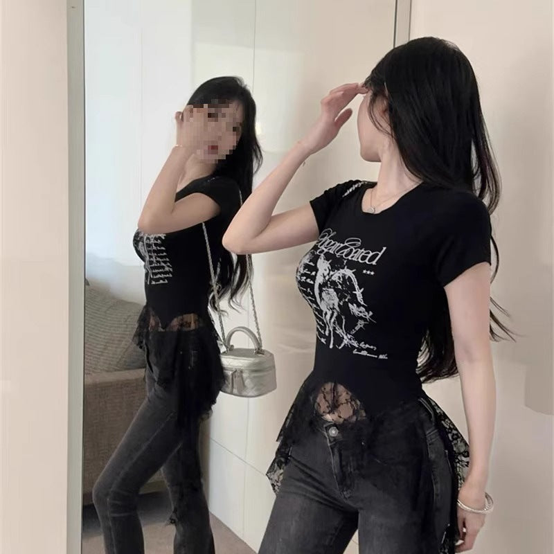 Lace-Panel American Chic Short-Sleeve Womens T-Shirt  Short sleeve t-shirts Sculptify™