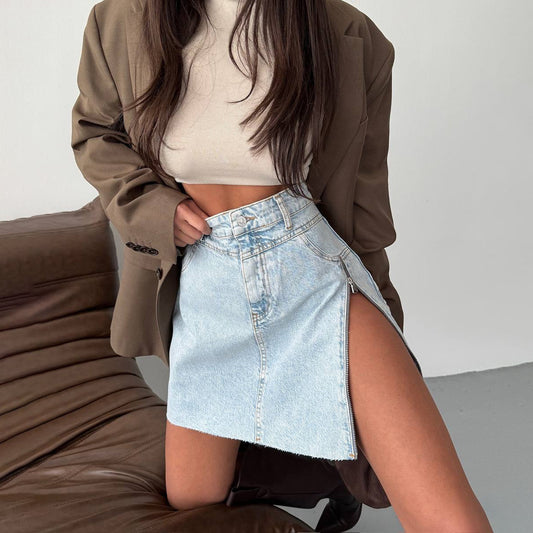 Casual Zipper Detail Slit Denim Skirt