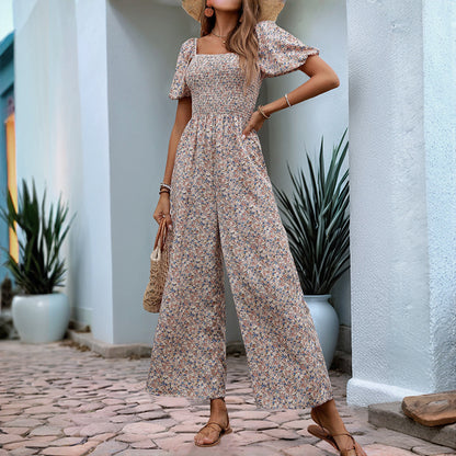 Square Collar Puff Sleeve Vacation Style Floral Jumpsuit - Sculptify™