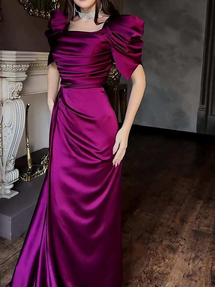 Elegant Puff Sleeve Pleated Slit Maxi Dress - Sculptify™