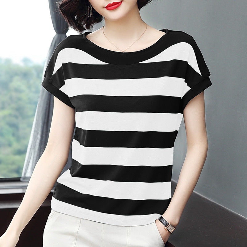 Striped Loose Short-sleeved T-shirt For Women  Short sleeve t-shirts Sculptify™