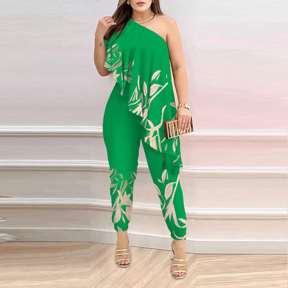 Printed One-shoulder Ruffled Jumpsuit - Sculptify™
