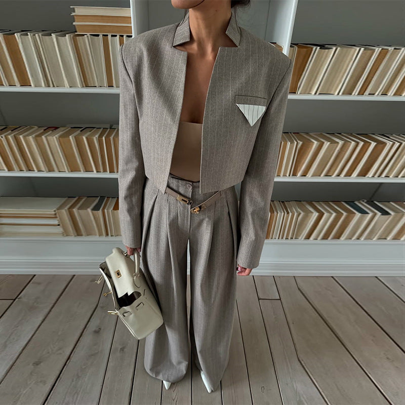 Chic And Stylish Striped Blazer And Suit Pants Casual Set - Sculptify™