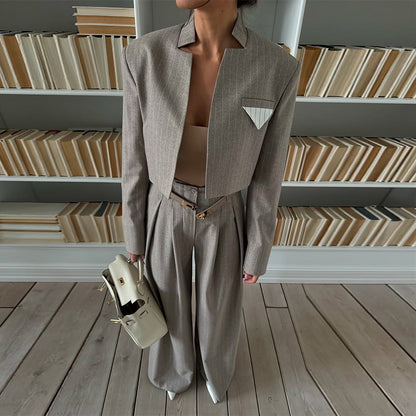 Chic And Stylish Striped Blazer And Suit Pants Casual Set - Sculptify™