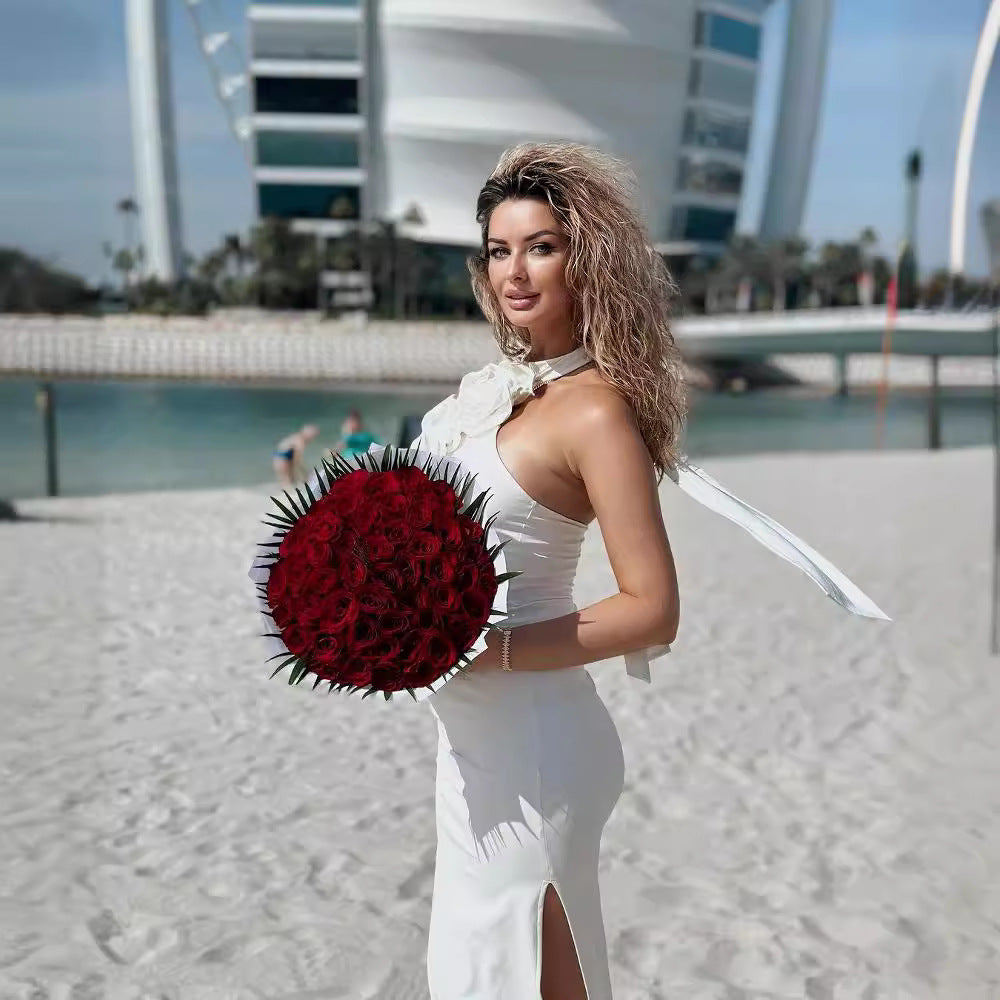 New Style White Ribbon Flower Halter Long High Sense Dress - Sculptify™