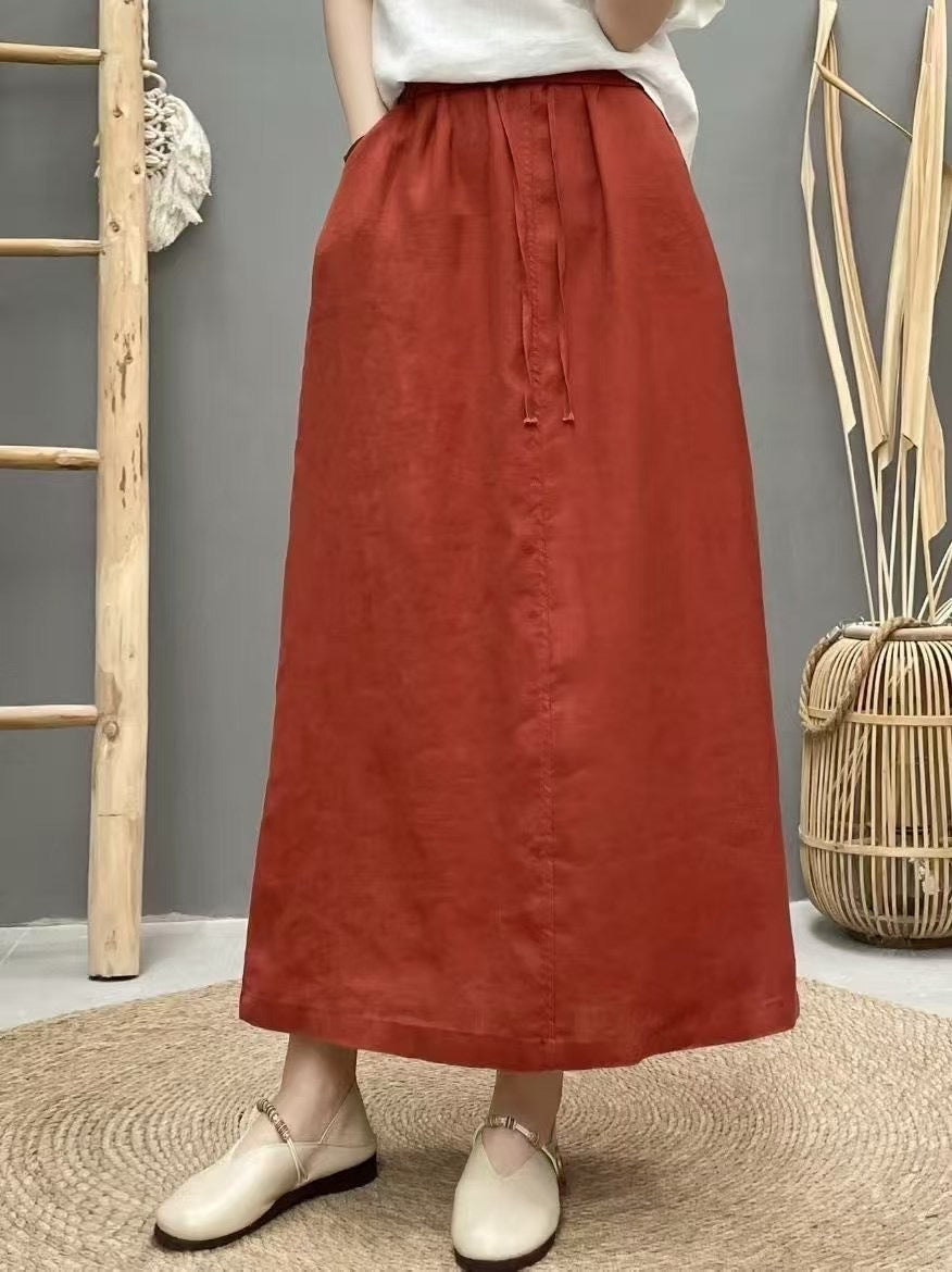 High-Waist Lace-Up Linen Pencil Skirt