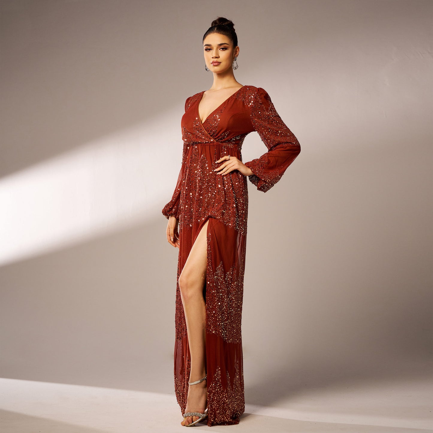 Long Sleeve V-neck Sexy Long Sequined Evening Dress - Sculptify™