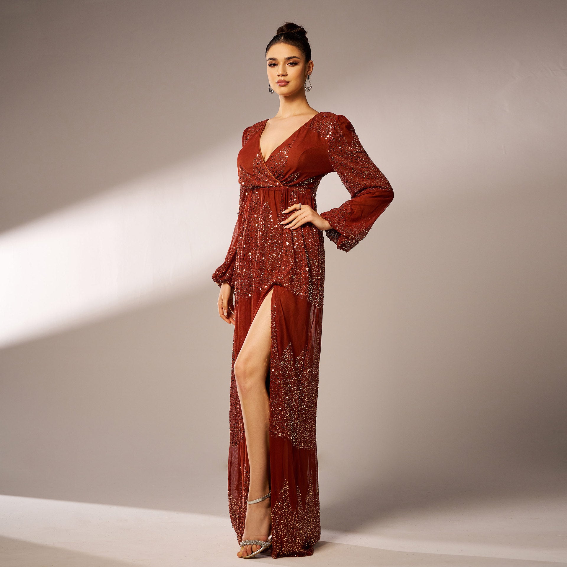 Long Sleeve V-neck Sexy Long Sequined Evening Dress - Sculptify™