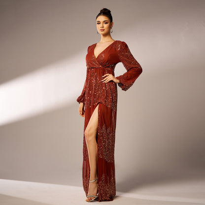 Long Sleeve V-neck Sexy Long Sequined Evening Dress - Sculptify™