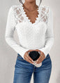 Solid-color V-neck Lace-panel Long-sleeve T-shirt Top For Womenelegant Style - Sculptify™