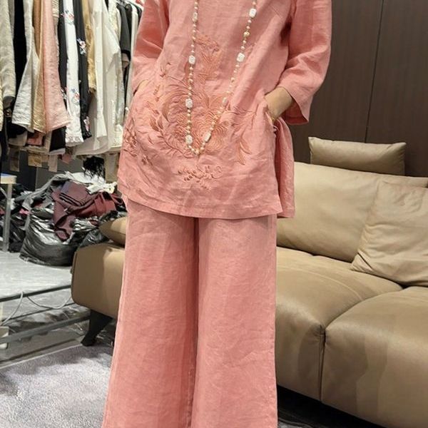 Womens Two-Piece Set New Chinese-Style 34-Sleeve Top With Wide-Leg Pants - Sculptify™