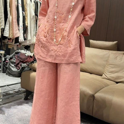 Womens Two-Piece Set New Chinese-Style 34-Sleeve Top With Wide-Leg Pants - Sculptify™