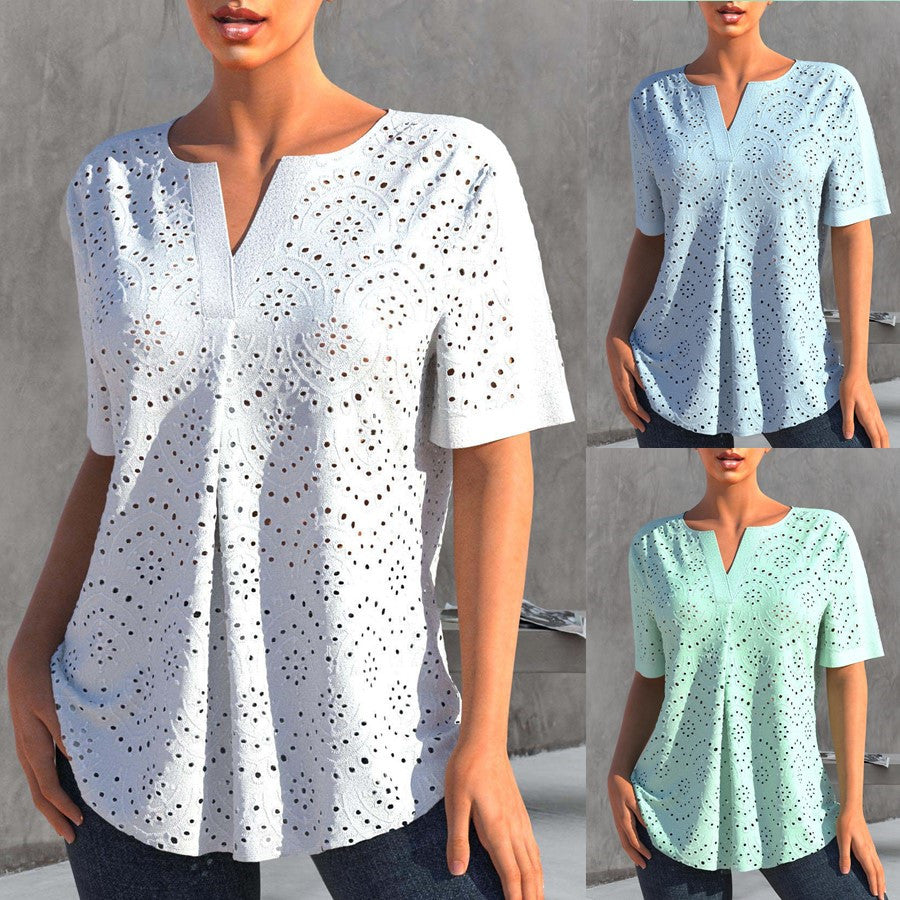 Women's Embroidered Hollow Out V-neck Short-sleeved T-shirt Top  Short sleeve t-shirts Sculptify™