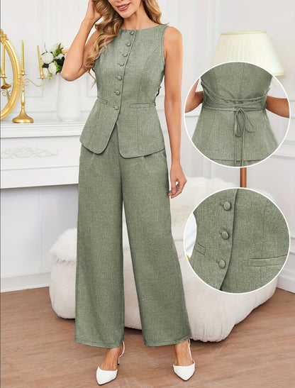Sleeveless Top And Tie-waist Wide-leg Pants Set In French Style - Sculptify™
