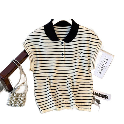 Ice Silk Short Sleeve Striped Embroidery Contrast Color Button Polo  Short sleeve t-shirts Sculptify™