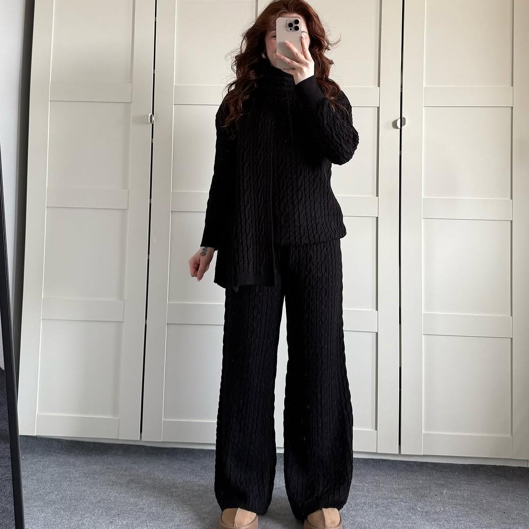 Warm Casual Neck Warmer Top And Pants Sweater Set  Sets Sculptify™