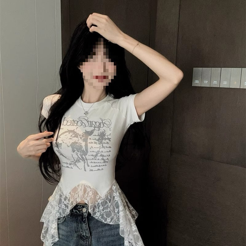 Lace-Panel American Chic Short-Sleeve Womens T-Shirt  Short sleeve t-shirts Sculptify™