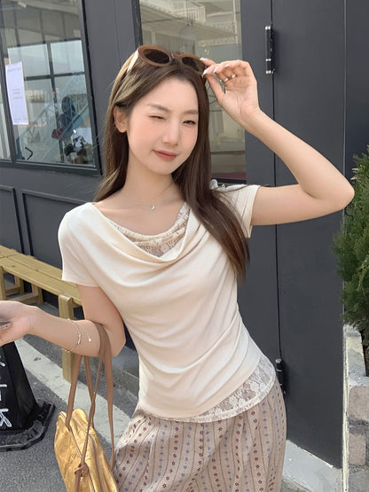 Korean Style Lace Stitching Swing Collar Off-shoulder Short Sleeve T-shirt  Short sleeve t-shirts Sculptify™