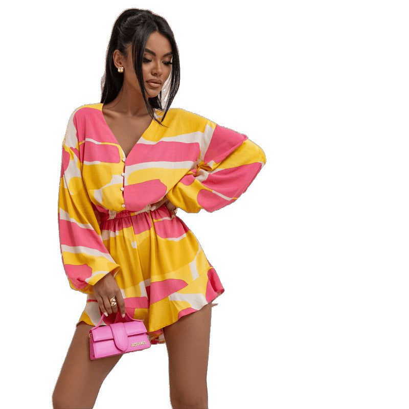 Printed V-neck Long Sleeve Jumpsuit - Sculptify™