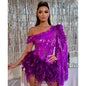 Purple Sequined Feather Skirt One-shoulder Sleeve Short Dress Luxury Party Stage Performance Dress - Sculptify™