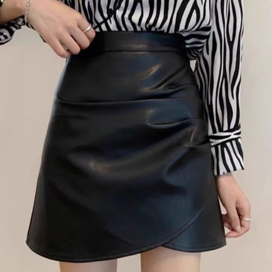 Statement Black Ruffle-Hip Leather Skirt
