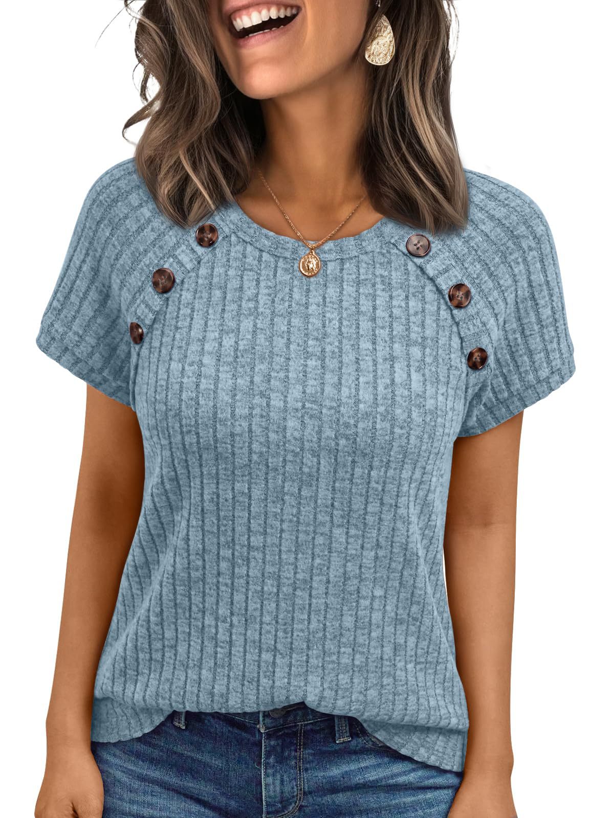 Womens Ribbed Crew-neck Button-panel Short-sleeve Top  Short sleeve t-shirts Sculptify™