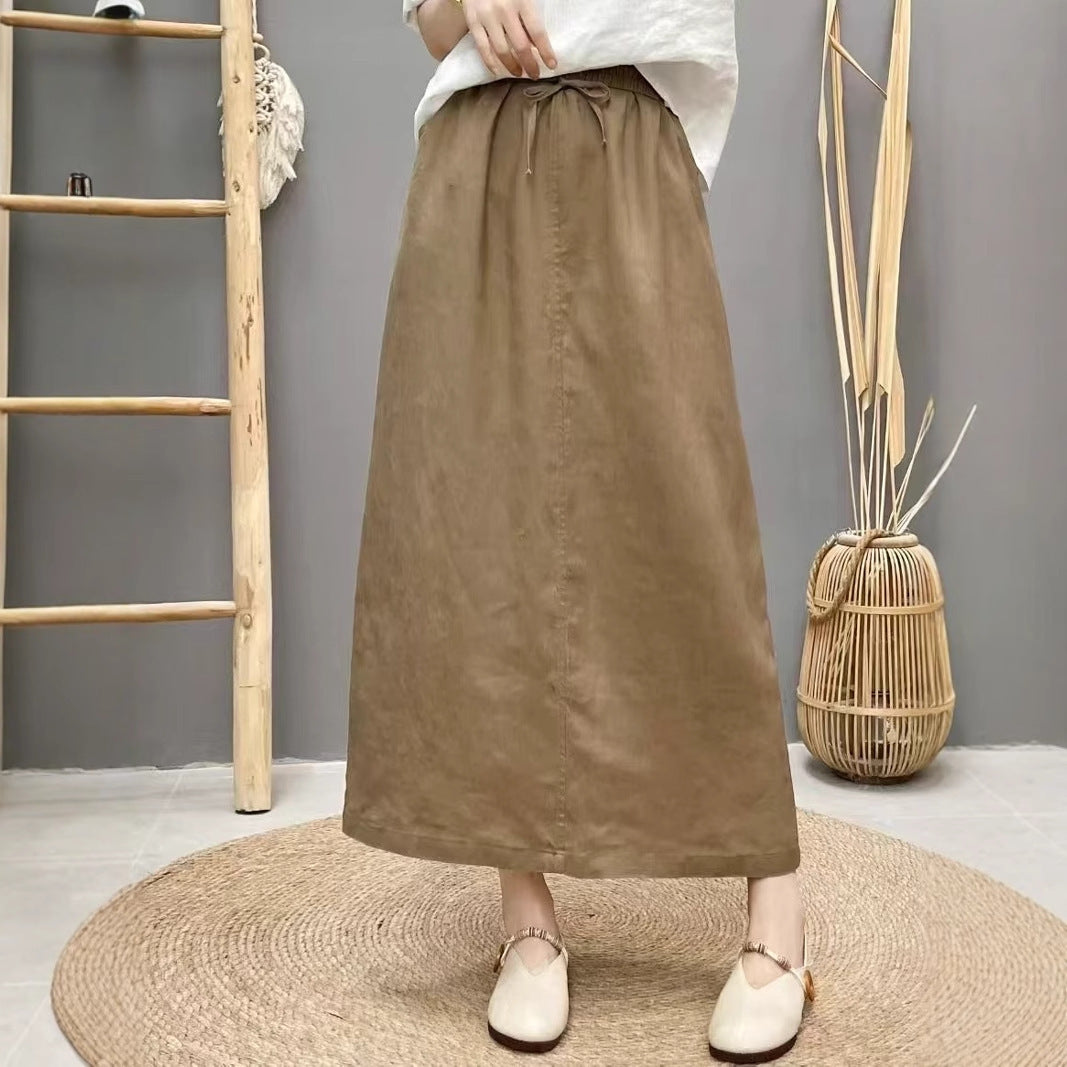 High-Waist Lace-Up Linen Pencil Skirt