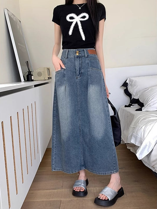 Medium-Length High Waist Retro Denim Skirt