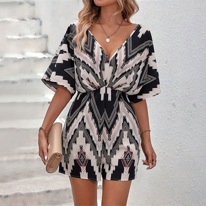 Women's Printed V-neck One-piece Sleeve Loose Jumpsuit - Sculptify™