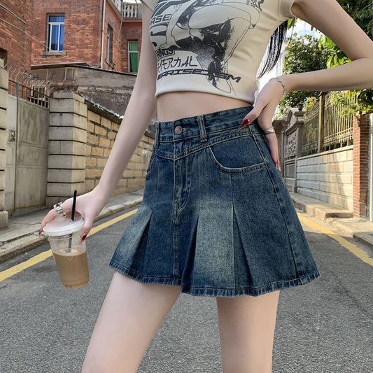 Chic Anti-Exposure Pleated Jean Skirt
