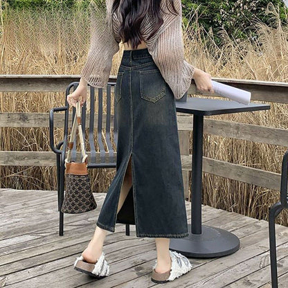 Trendy Three-Quarter High-Waist Denim Skirt