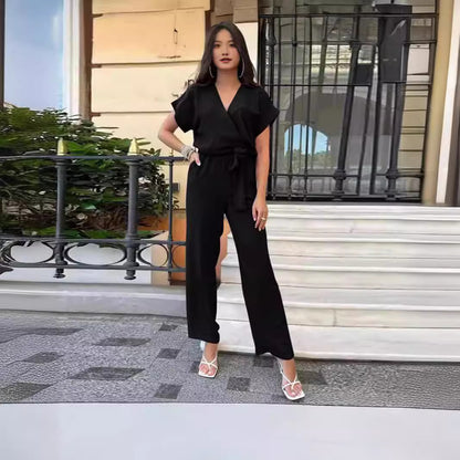 Women's Short-sleeved V-neck Pocket Jumpsuit - Sculptify™