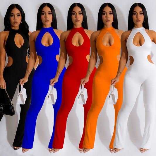 Women's Solid Color Sexy Halter Hollow-out Jumpsuit - Sculptify™