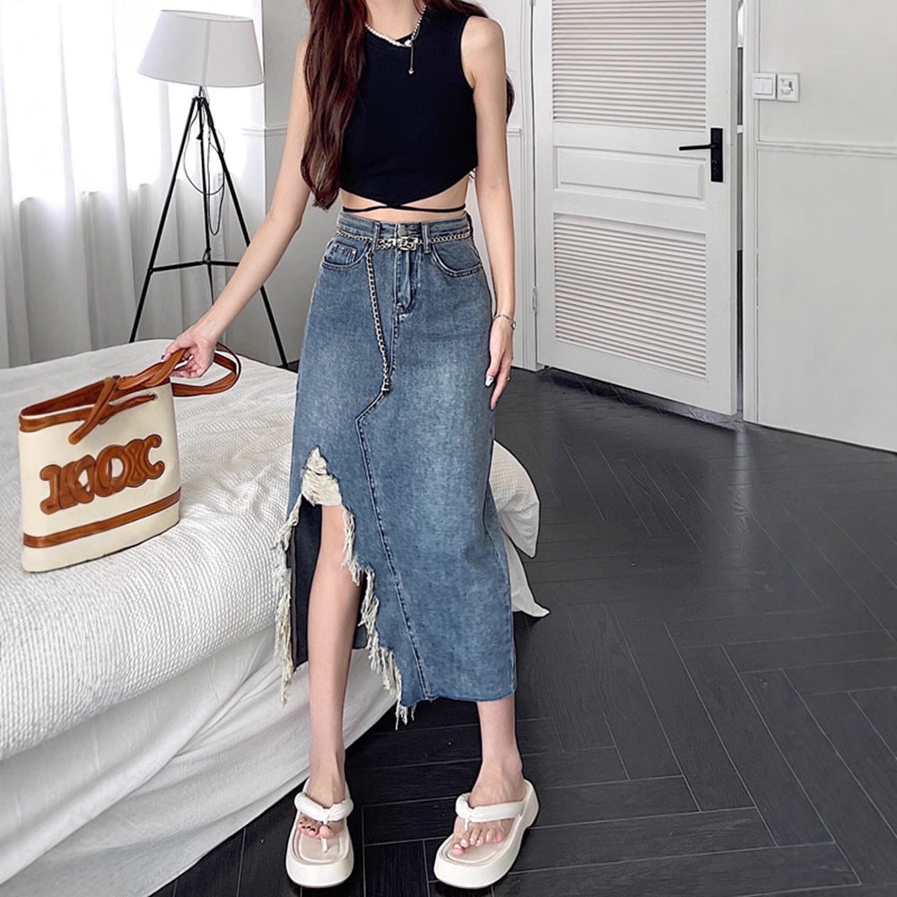 Summer Retro Irregular Slit Denim Skirt