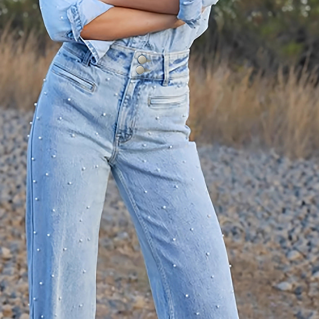 Stylish Curl Hem Beaded Jeans