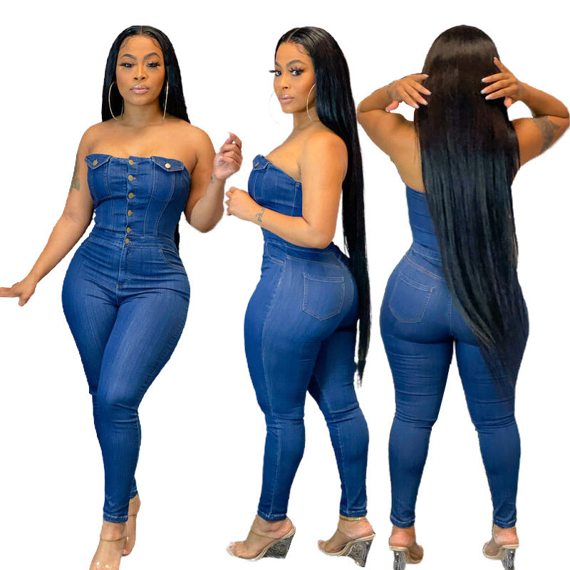 Tube Top Off-shoulder Slim Fit Denim Jumpsuit - Sculptify™