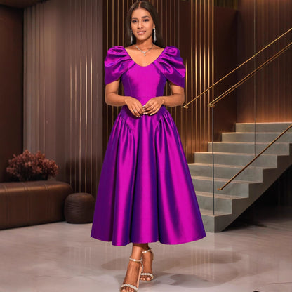 Puff Sleeve Evening Dress A Hem Pleated Banquet Dress - Sculptify™