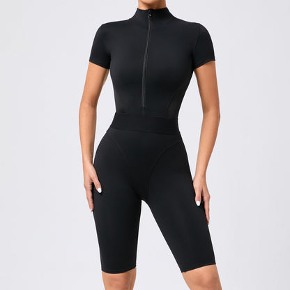 Tight Waist Open Collar Zipper Short Sleeve Yoga Jumpsuit Women - Sculptify™