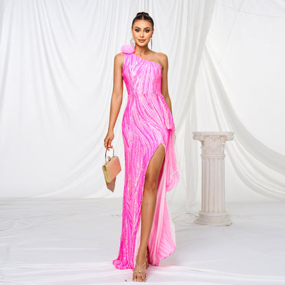 One-shoulder Diagonal Collar Sequined Slit Evening Dress - Sculptify™