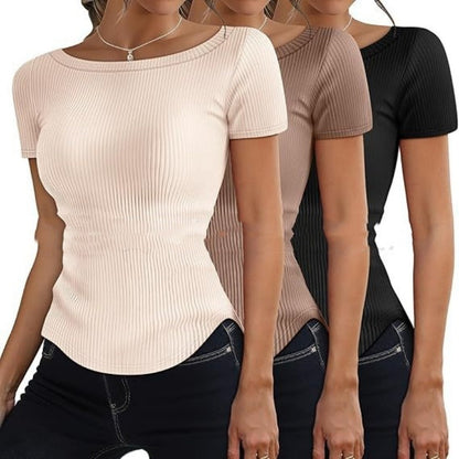 Womens Short-Sleeve Rib-Knit Slim-Fit T-Shirt  Short sleeve t-shirts Sculptify™