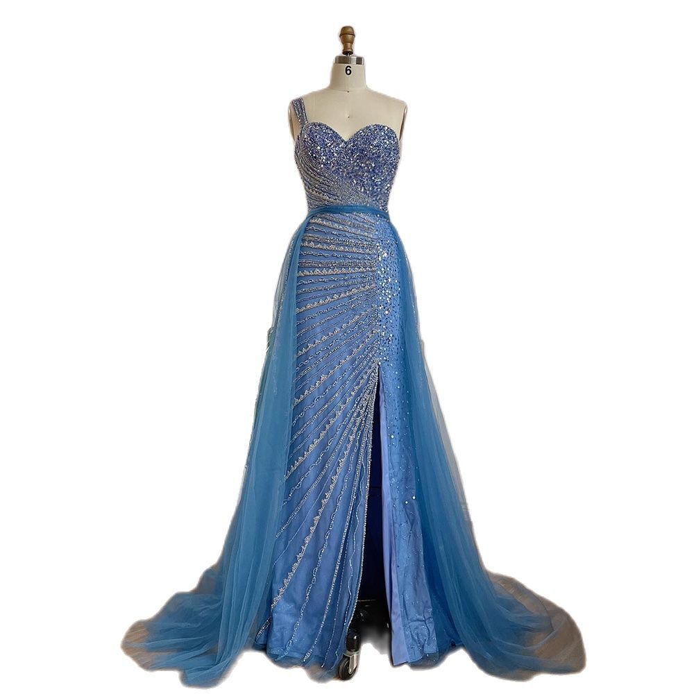 Blue Handmade Beaded Split Shoulder Fishtail Dress - Sculptify™