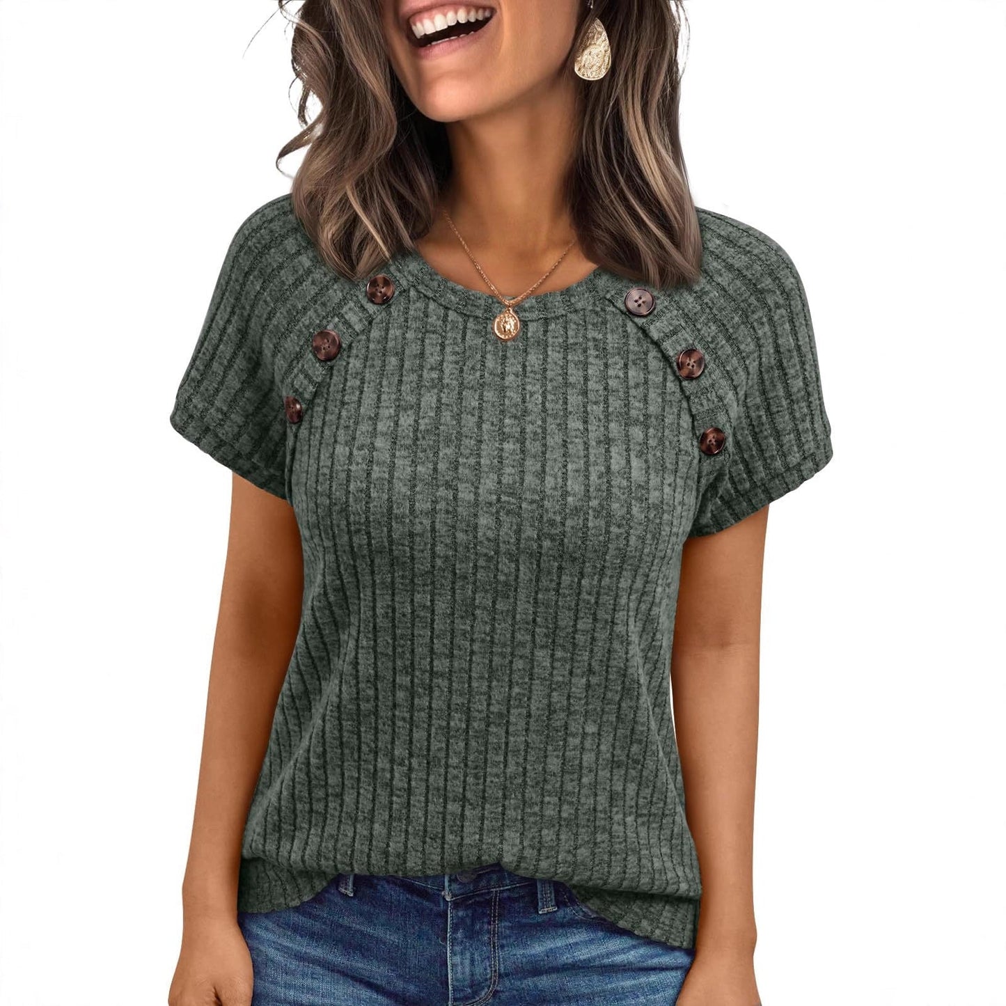 Womens Ribbed Crew-neck Button-panel Short-sleeve Top  Short sleeve t-shirts Sculptify™